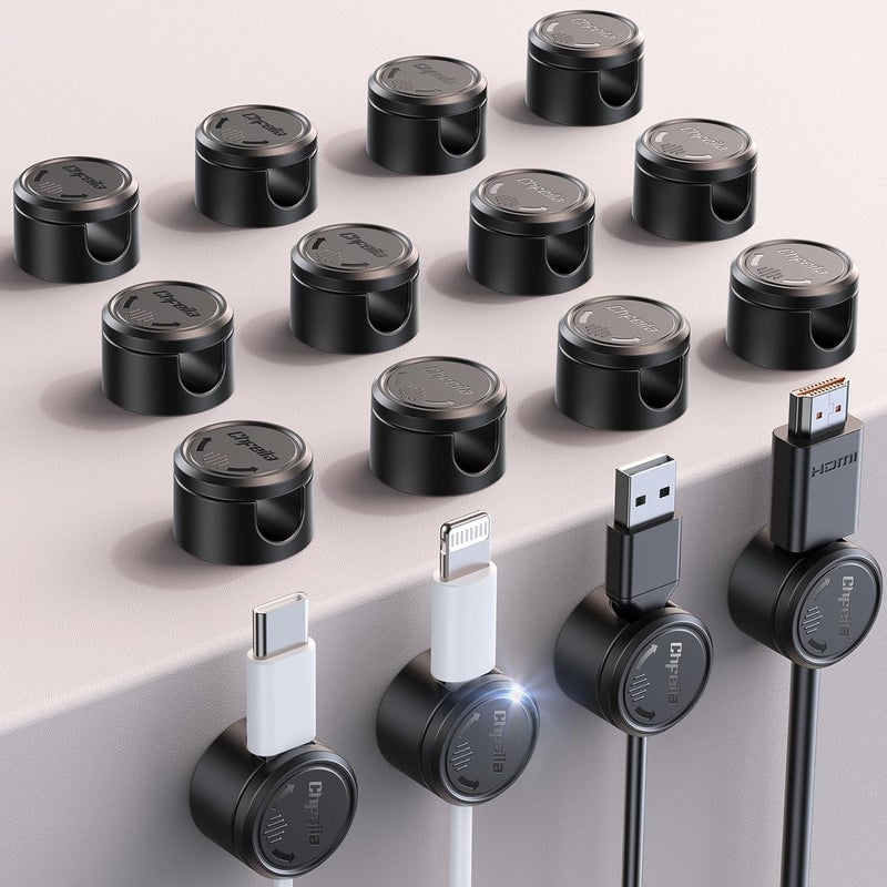 Chfeila 16Pack Cord Organizer, [360°Rotating Twist-Lock] Magnetic Cable Management Clips, Adhesive Phone Charging Keeper Wire Cord Holder for Nightstand/Car/Wall, Office Desk Accessories Decor (Black) - Image 1